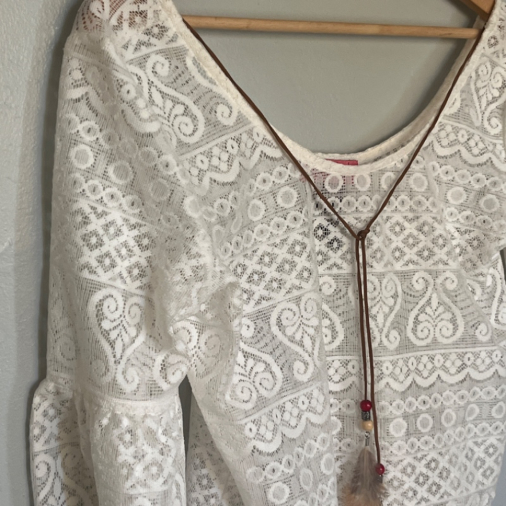 White Lace Boho Peasant Blouse Women’s Medium 3/4 Sleeve Bohemian Festival Top